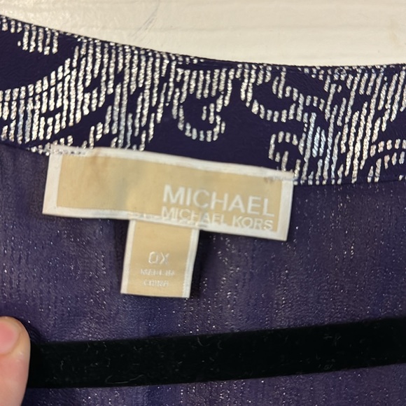 Michael Kors dark purple silver print v neck long statement sleeve dressy top 0X - Picture 7 of 10